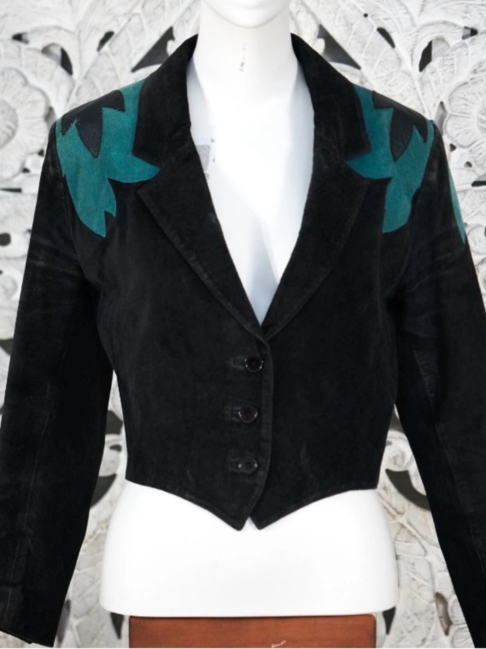Scully Black Suede Cropped Jacket with Teal Shoulder Accents